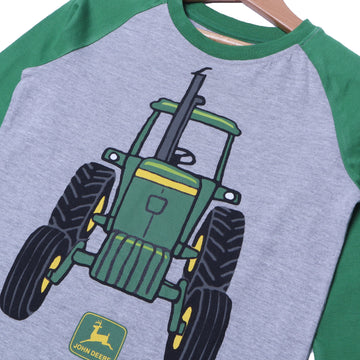 HAZEL GREY WITH GREEN SLEEVES FRONT & BACK TRACTOR PRINTED FULL SLEEVES T-SHIRT